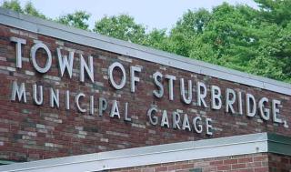 side of municipal garage with lettering Town of Sturbridge, Municipal garage